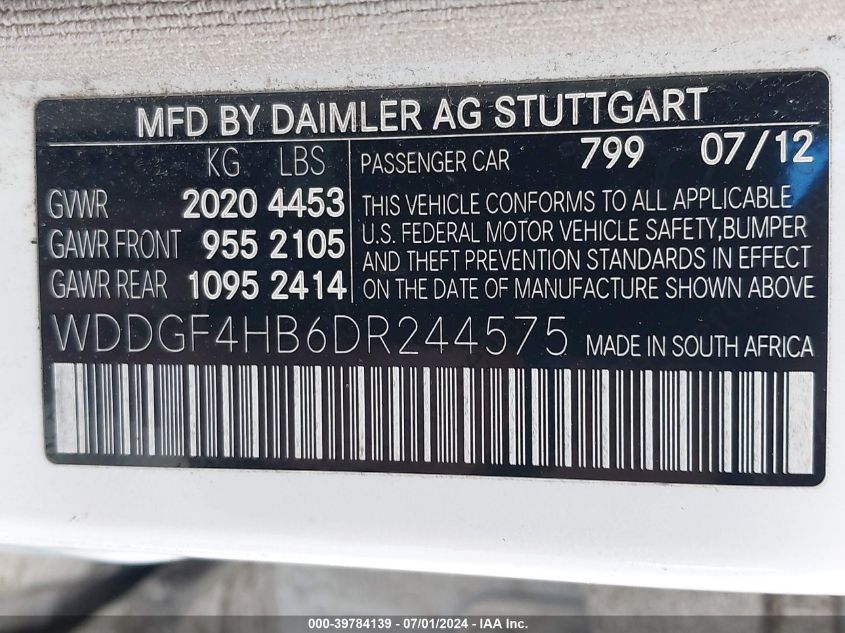 2013 Mercedes-Benz C 250 Luxury/Sport VIN: WDDGF4HB6DR244575 Lot: 39784139