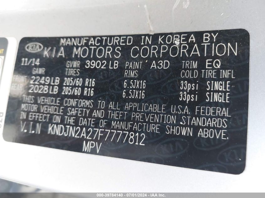 2015 Kia Soul VIN: KNDJN2A27F7777812 Lot: 39784140