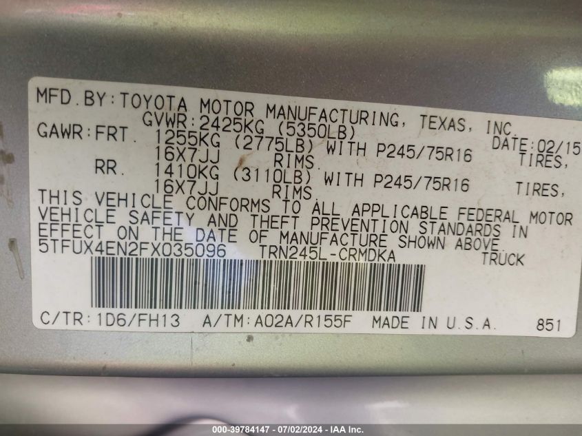 2015 Toyota Tacoma Access Cab VIN: 5TFUX4EN2FX035096 Lot: 39784147