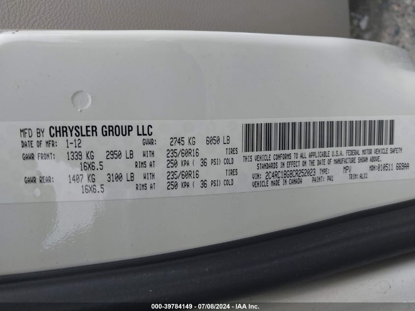 2012 Chrysler Town & Country Touring VIN: 2C4RC1BG8CR252023 Lot: 39784149