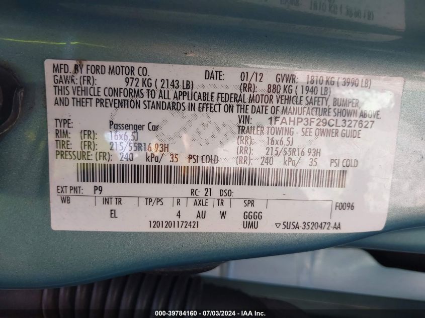 2012 Ford Focus Se VIN: 1FAHP3F29CL327627 Lot: 39784160