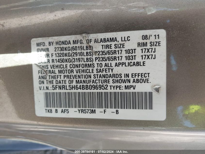 2011 Honda Odyssey Ex-L VIN: 5FNRL5H64BB096952 Lot: 39784161