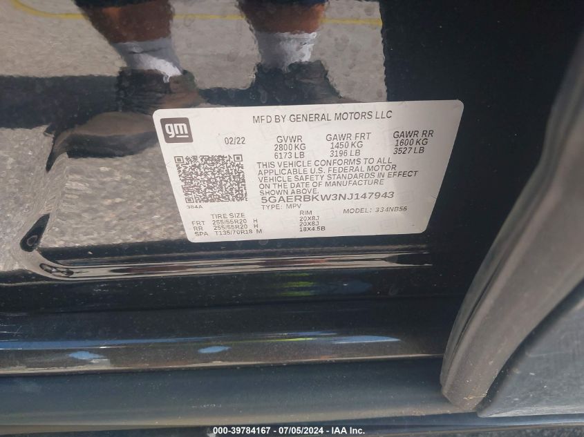 2022 Buick Enclave Fwd Essence VIN: 5GAERBKW3NJ147943 Lot: 39784167