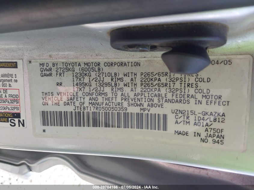 2005 Toyota 4Runner Limited V8 VIN: JTEBT17R050050359 Lot: 39784166