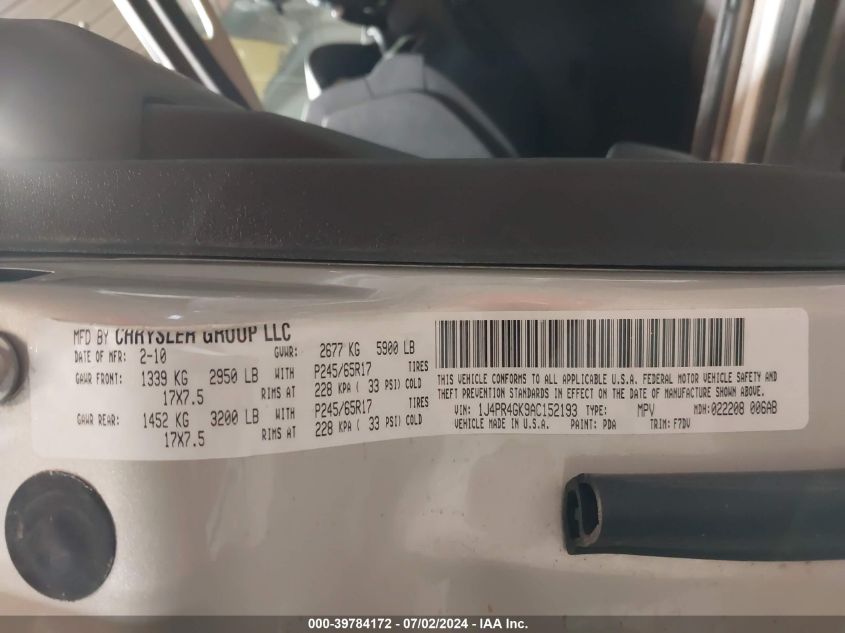 2010 Jeep Grand Cherokee Laredo VIN: 1J4PR4GK9AC152193 Lot: 39784172