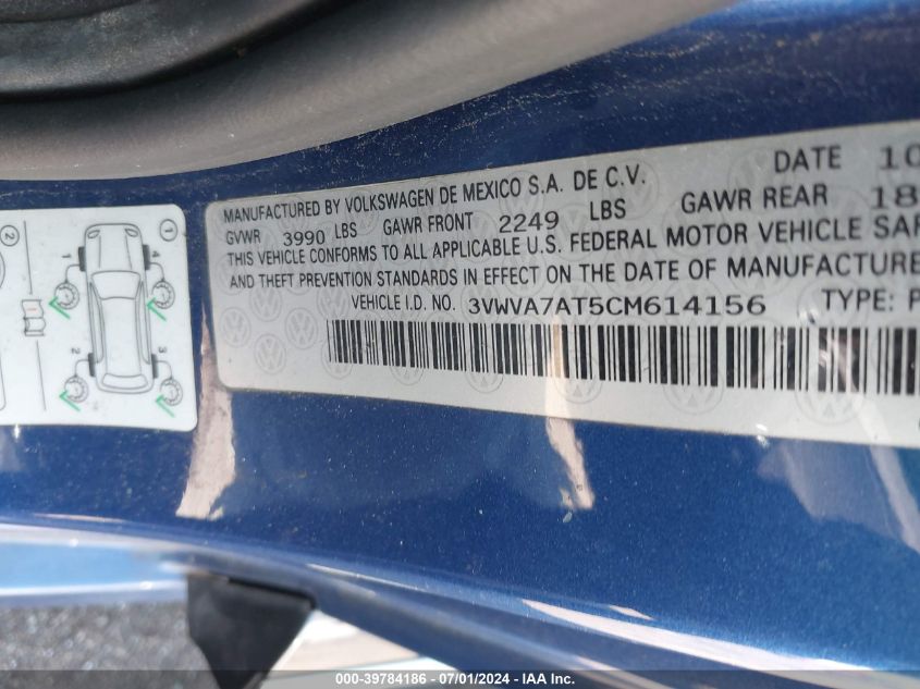 2012 Volkswagen Beetle 2.0T Turbo VIN: 3VWVA7AT5CM614156 Lot: 39784186