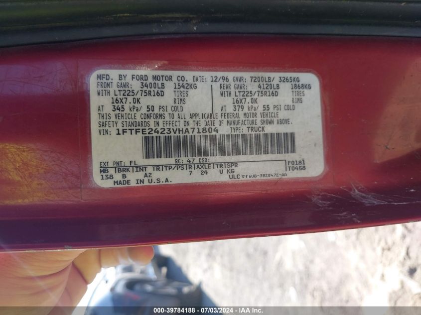 1997 Ford Econoline E250 Van VIN: 1FTFE2423VHA71804 Lot: 39784188