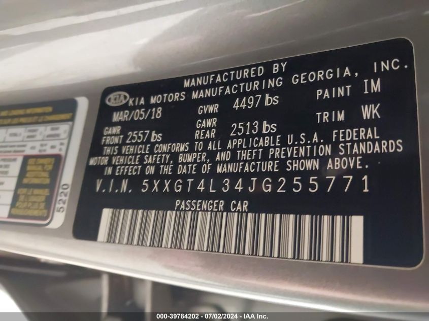 2018 Kia Optima Lx VIN: 5XXGT4L34JG255771 Lot: 39784202