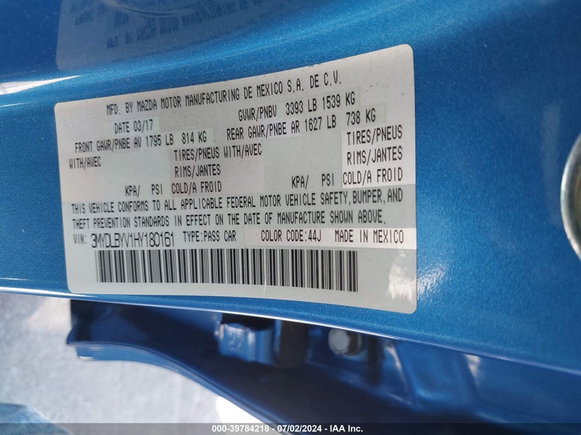VIN 3MYDLBYV1HY180161 2017 TOYOTA YARIS IA