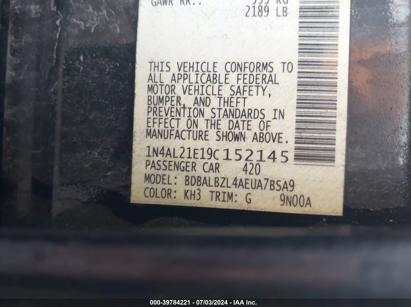 2009 Nissan Altima 2.5 S VIN: 1N4AL21E19C152145 Lot: 39784221