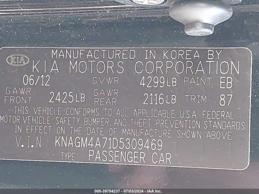 2013 Kia Optima Lx VIN: KNAGM4A71D5309469 Lot: 39784237