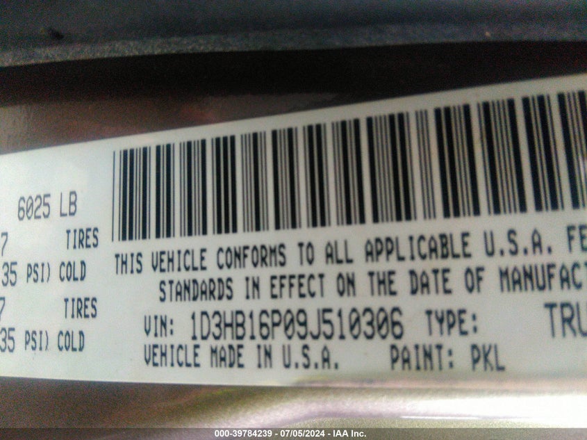 2009 Dodge Ram 1500 St VIN: 1D3HB16P09J510306 Lot: 39784239