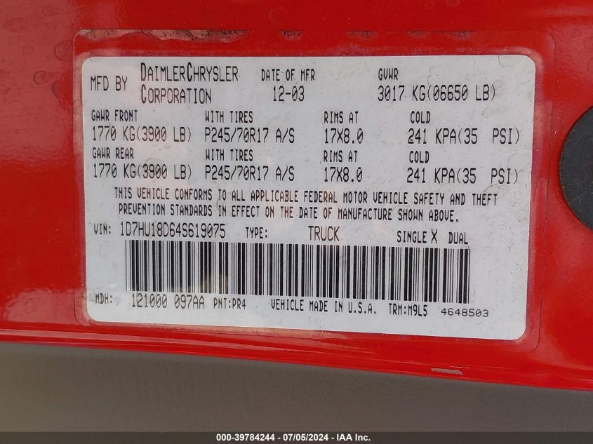 2004 Dodge Ram 1500 Slt/Laramie VIN: 1D7HU18D64S619075 Lot: 39784244
