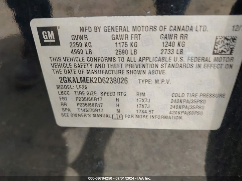 2013 GMC Terrain Sle-1 VIN: 2GKALMEK2D6238026 Lot: 39784250