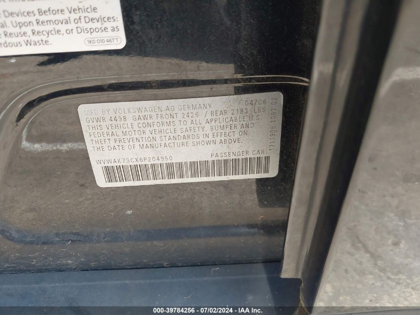 2006 Volkswagen Passat 2.0T/Value Edition VIN: WVWAK73CX6P204950 Lot: 39784256