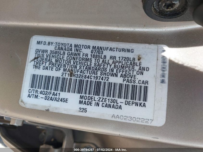 2004 Toyota Corolla Le VIN: 2T1BR32E84C197472 Lot: 39784257