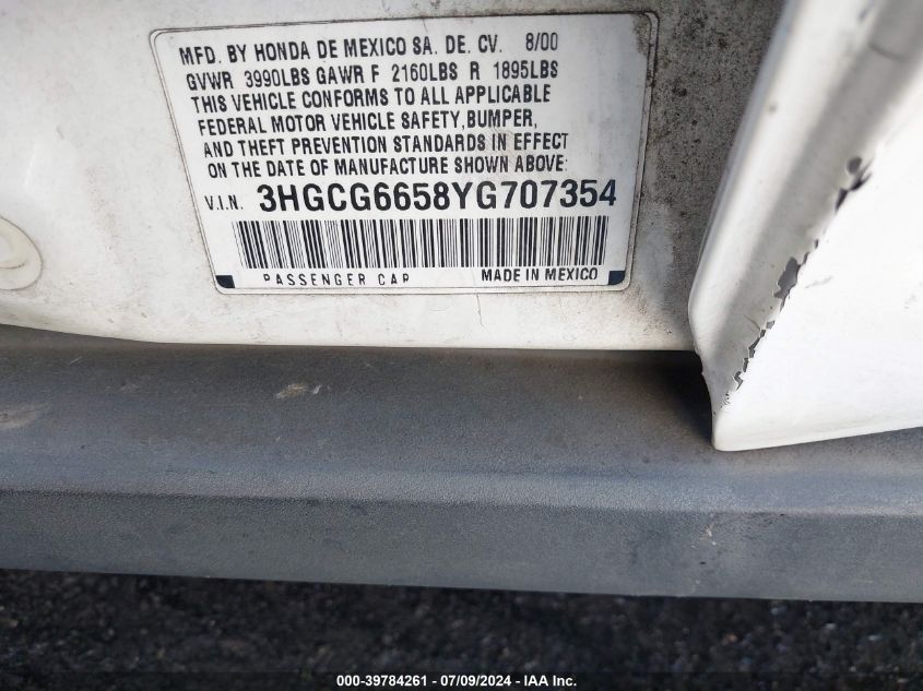 2000 Honda Accord 2.3 Lx VIN: 3HGCG6658YG707354 Lot: 39784261