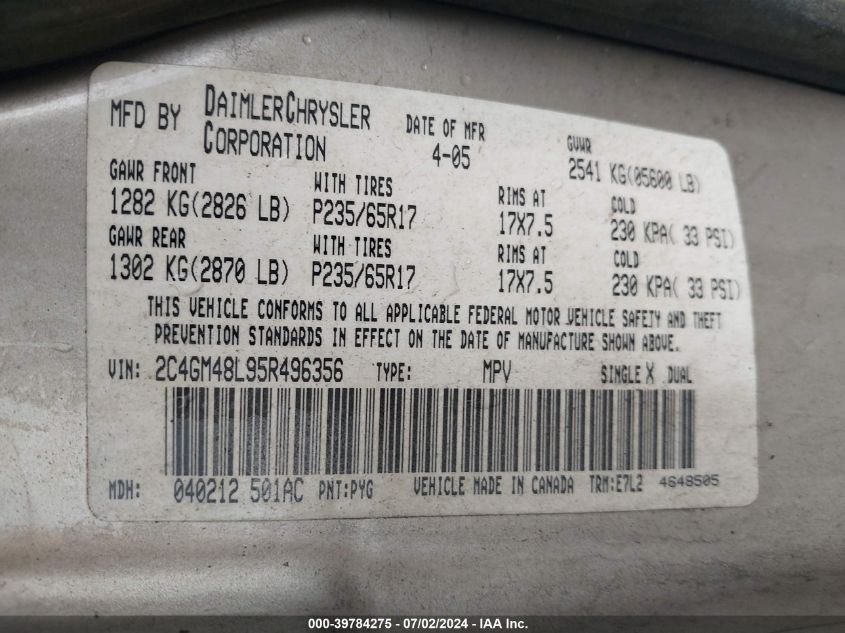 2005 Chrysler Pacifica VIN: 2C4GM48L95R496356 Lot: 39784275