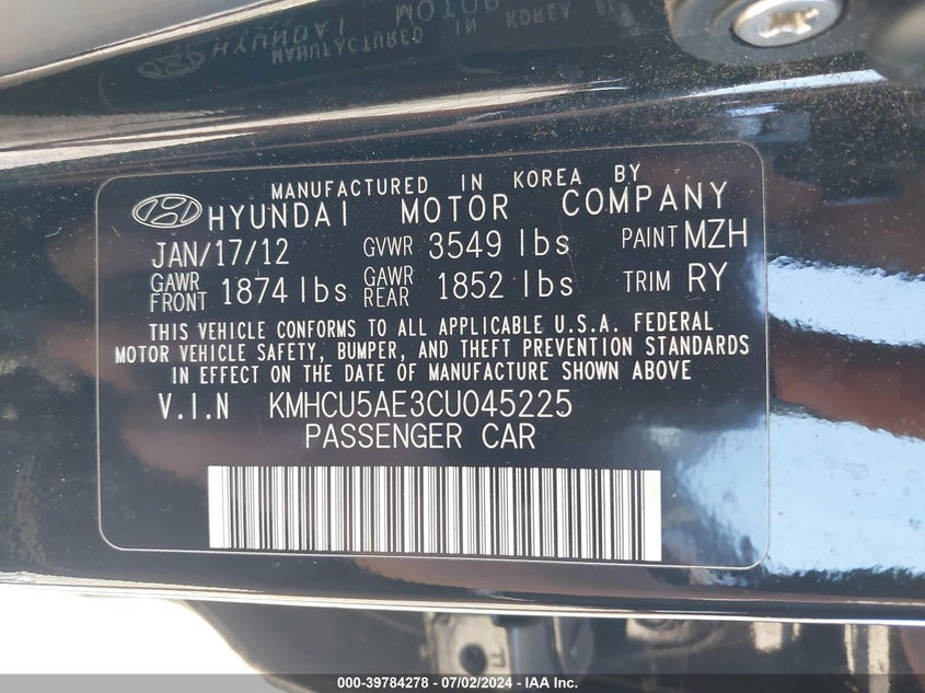 2012 Hyundai Accent Se VIN: KMHCU5AE3CU045225 Lot: 39784278