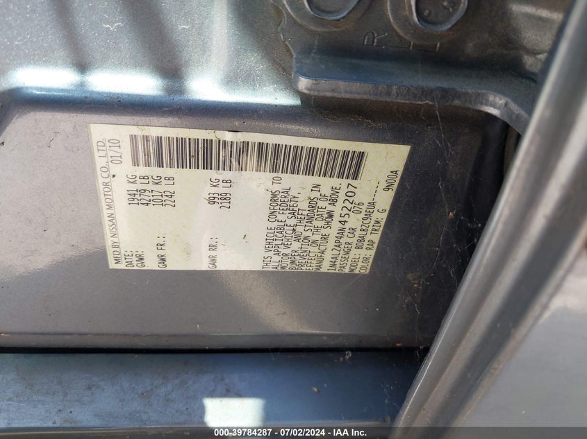 2010 Nissan Altima 2.5 S VIN: 1N4AL2AP4AN452207 Lot: 39784287