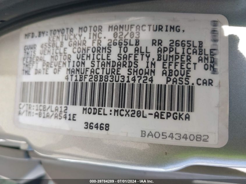 2003 Toyota Avalon Xls VIN: 4T1BF28B83U314724 Lot: 39784289