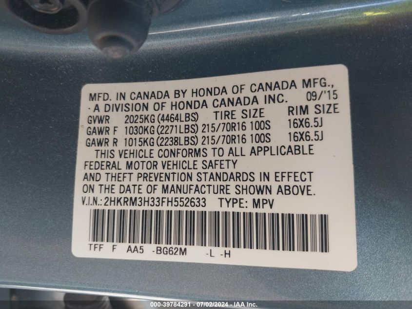 2015 Honda Cr-V Lx VIN: 2HKRM3H33FH552633 Lot: 39784291