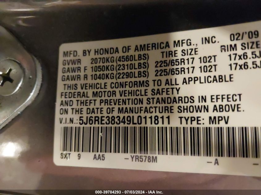 2009 Honda Cr-V Lx VIN: 5J6RE38349L011811 Lot: 39784293