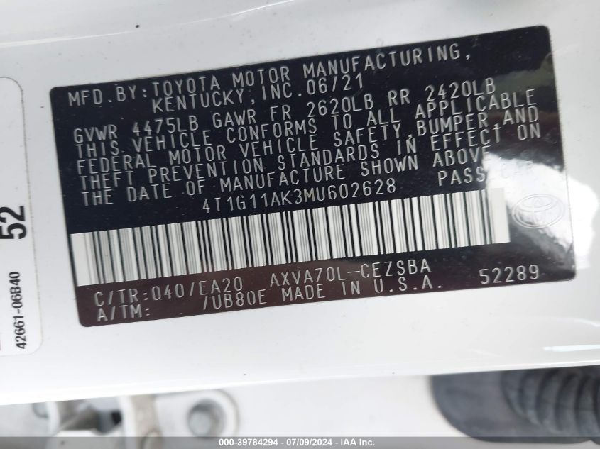 4T1G11AK3MU602628 2021 Toyota Camry Se