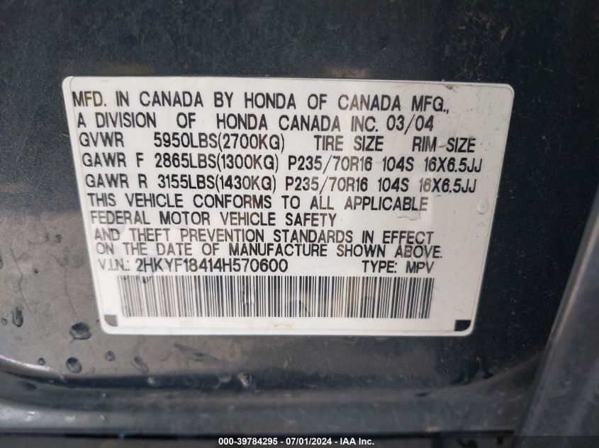 2004 Honda Pilot Ex VIN: 2HKYF18414H570600 Lot: 39784295