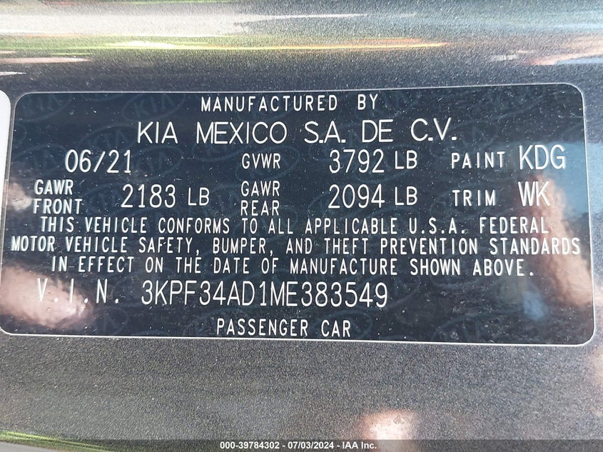 2021 KIA FORTE GT-LINE - 3KPF34AD1ME383549