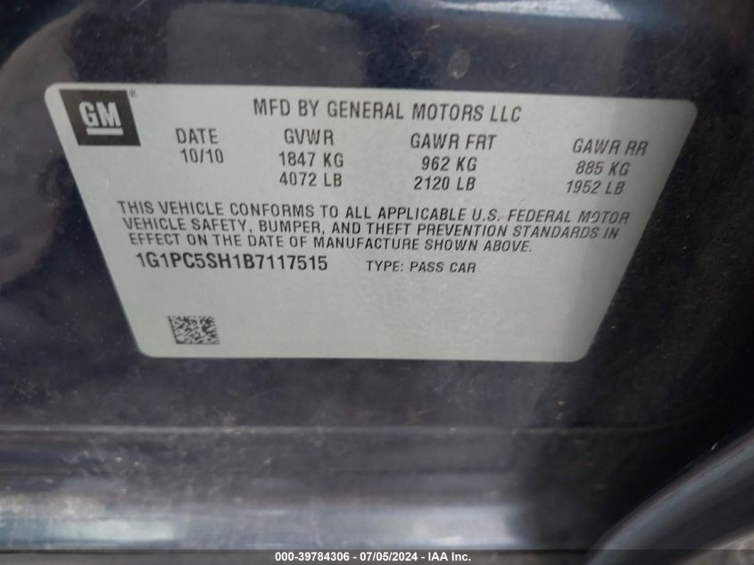 2011 Chevrolet Cruze Ls VIN: 1G1PC5SH1B7117515 Lot: 39784306