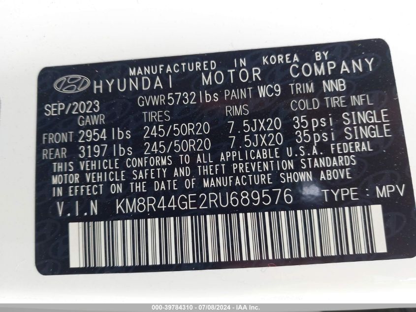 2024 Hyundai Palisade Sel VIN: KM8R44GE2RU689576 Lot: 39784310