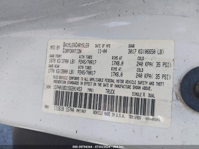 2005 Dodge Ram 1500 St/Slt VIN: 1D7HA18D15S201453 Lot: 39784344