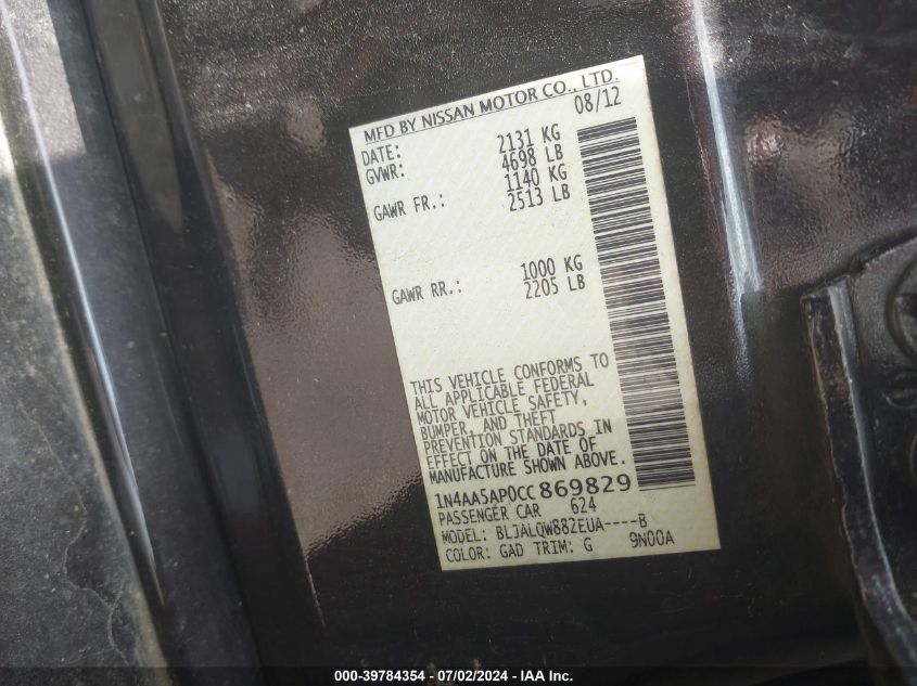 2012 Nissan Maxima 3.5 S VIN: 1N4AA5AP0CC869829 Lot: 39784354