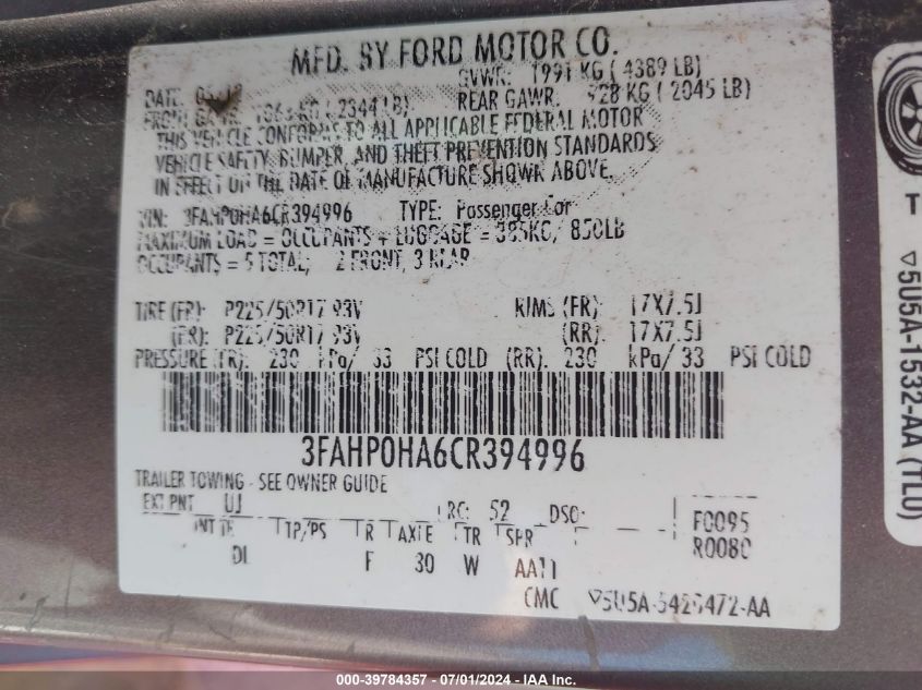 2012 Ford Fusion Se VIN: 3FAHP0HA6CR394996 Lot: 39784357