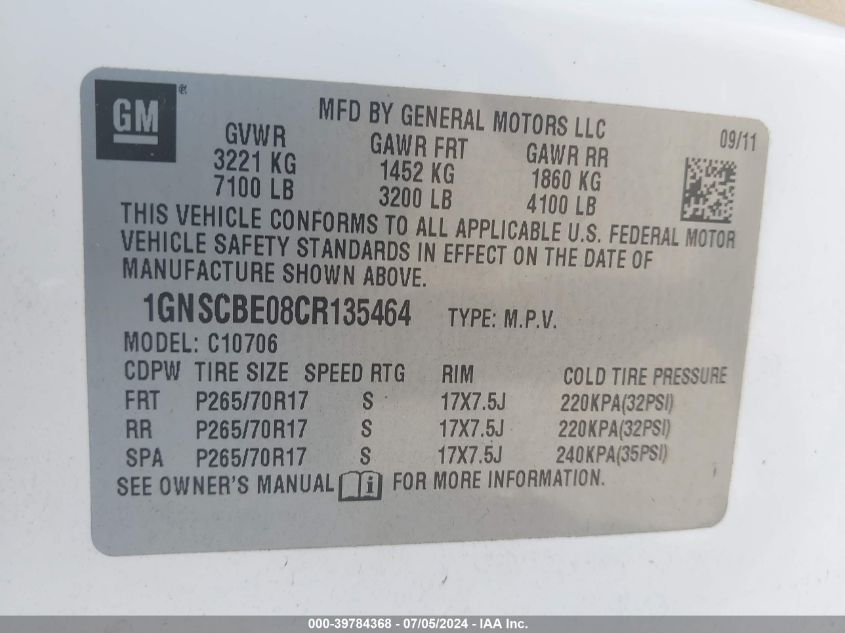 2012 Chevrolet Tahoe Lt VIN: 1GNSCBE08CR135464 Lot: 39784368