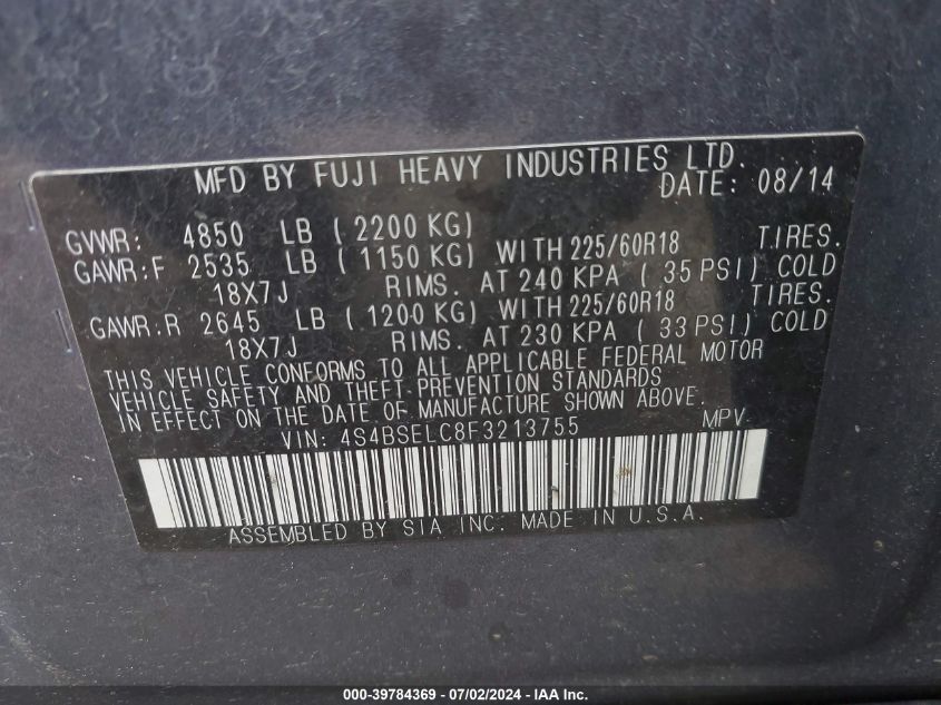 2015 Subaru Outback 3.6R Limited VIN: 4S4BSELC8F3213755 Lot: 39784369