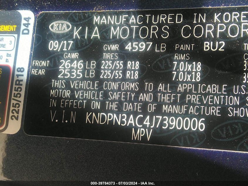 2018 Kia Sportage Ex VIN: KNDPN3AC4J7390006 Lot: 39784373