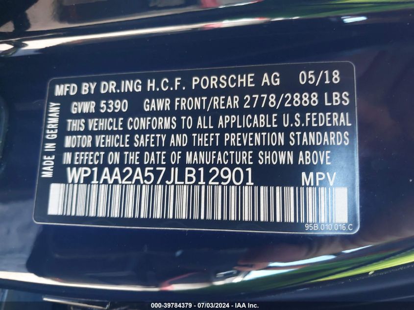 2018 Porsche Macan VIN: WP1AA2A57JLB12901 Lot: 39784379