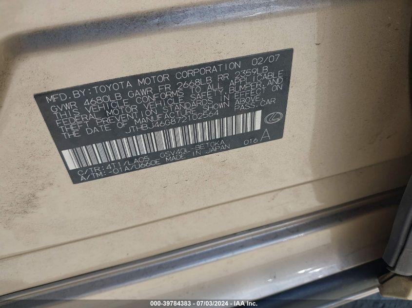 2007 Lexus Es 350 VIN: JTHBJ46G872102564 Lot: 39784383