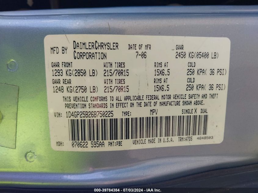 2006 Dodge Caravan Se VIN: 1D4GP25B26B750225 Lot: 39784384