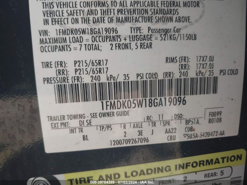 2008 Ford Taurus X Sel VIN: 1FMDK05W18GA19096 Lot: 39784389