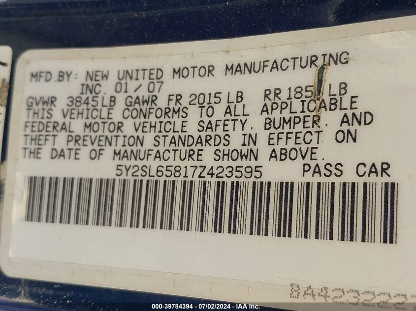 2007 Pontiac Vibe VIN: 5Y2SL65817Z423595 Lot: 39784394