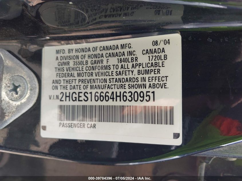 2004 Honda Civic Lx VIN: 2HGES16664H630951 Lot: 39784396