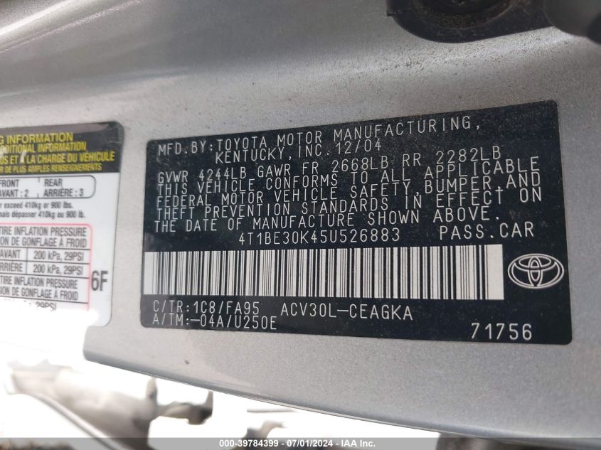 2005 Toyota Camry Xle VIN: 4T1BE30K45U526883 Lot: 39784399