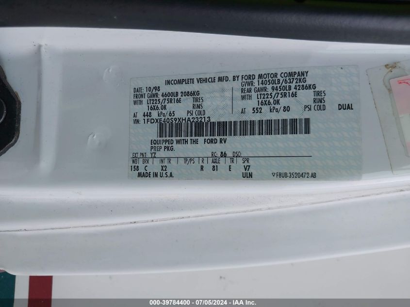 1FDXE40S9XHA23213 1999 Ford Econoline E450 Super Duty Cutwy Rv