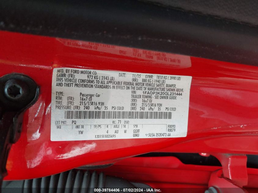 2016 Ford Focus Se VIN: 1FADP3K20GL231444 Lot: 39784406