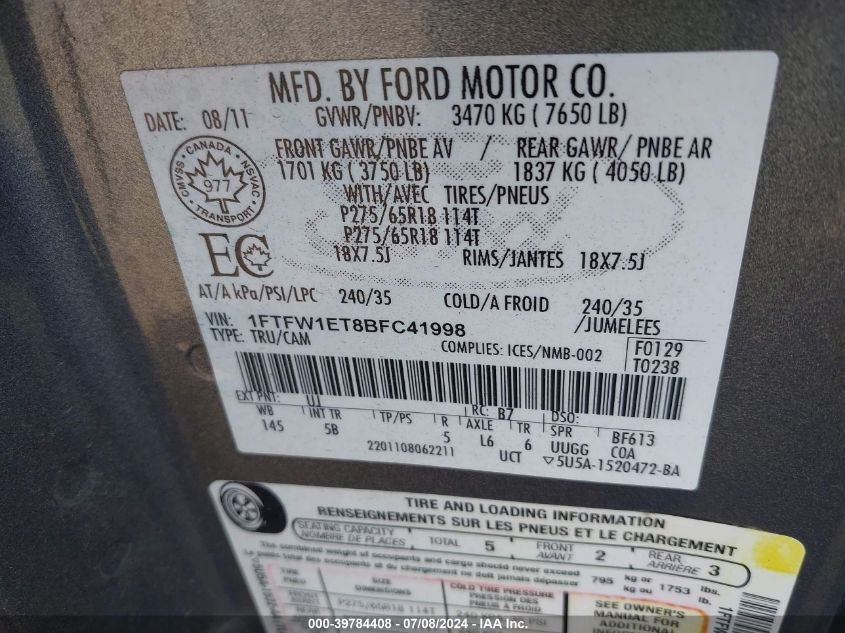 2011 Ford F-150 Fx4 VIN: 1FTFW1ET8BFC41998 Lot: 39784408