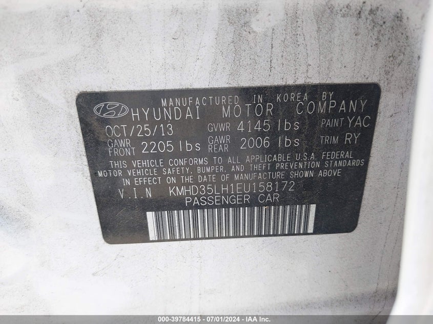 2014 Hyundai Elantra Gt VIN: KMHD35LH1EU158172 Lot: 39784415