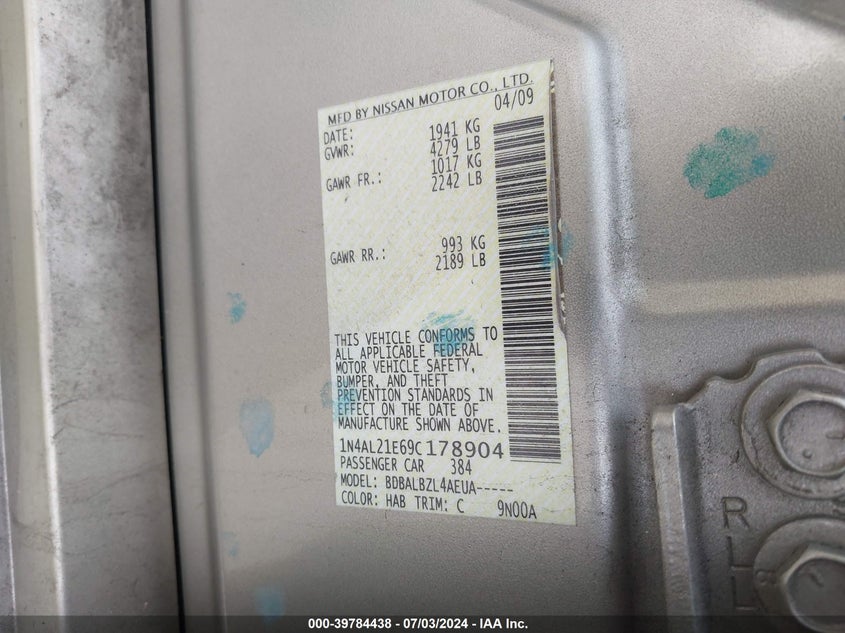 2009 Nissan Altima 2.5 S VIN: 1N4AL21E69C178904 Lot: 39784438
